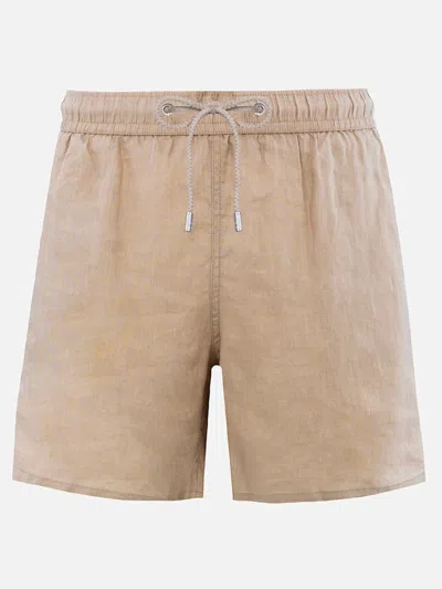 Mc2 Saint Barth Man Mid-length Beige Linen Swim-shorts Gustavia In White