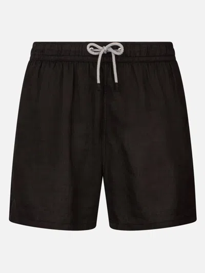 Mc2 Saint Barth Man Mid-length Black Linen Swim-shorts Gustavia