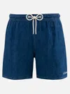 Mc2 Saint Barth Man Mid-length Denim Blue Linen Swim-shorts Gustavia In Blue