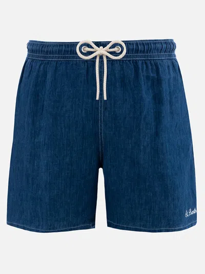 Mc2 Saint Barth Man Mid-length Denim Blue Linen Swim-shorts Gustavia
