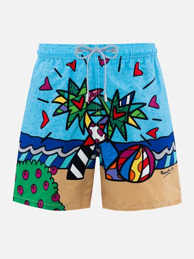 Mc2 Saint Barth Man Mid-length Gustavia Swim-shorts With Britto Design Placed Print ©britto Special Edition In Sky