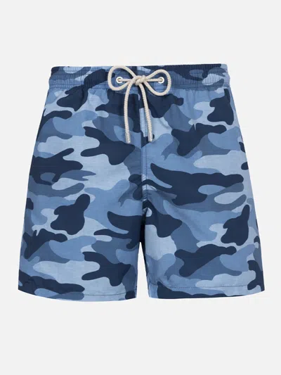 Mc2 Saint Barth Man Mid-length Gustavia Swim-shorts With Camouflage Print In Sky
