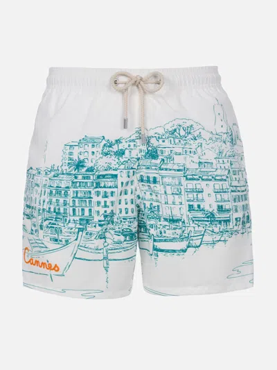 Mc2 Saint Barth Man Mid-length Gustavia Swim-shorts With Cannes Placed Print In White