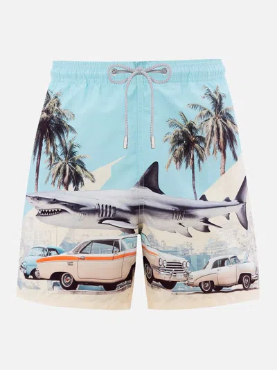 Mc2 Saint Barth Man Mid-length Gustavia Swim-shorts With Car And Shark Placed Print Ai Co-created Design By Rickdick