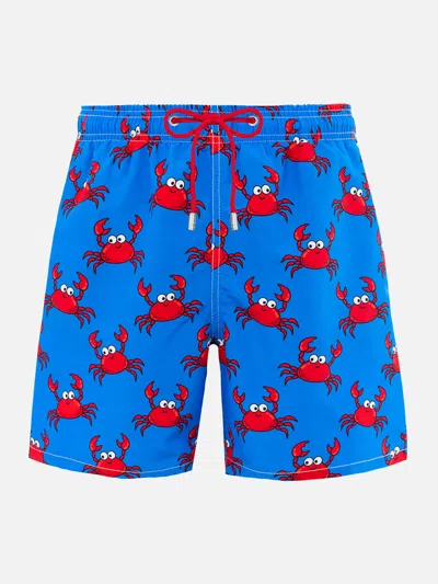Mc2 Saint Barth Man Mid-length Gustavia Swim-shorts With Crab Print In Sky