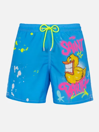 Mc2 Saint Barth Man Mid-length Gustavia Swim-shorts With Ducky Cryptopuppets Placed Print Cryptopuppets Special Edit In Sky