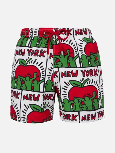 Mc2 Saint Barth Man Mid-length Gustavia Swim-shorts With Keith Haring Design Placed Print Keith Haring Special Editi In White