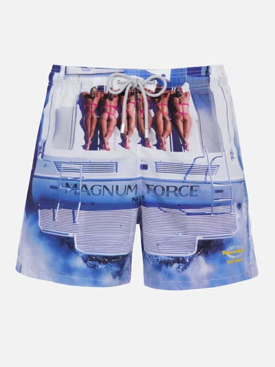 Mc2 Saint Barth Man Mid-length Gustavia Swim-shorts With Marvel Characters Placed Print Magnum Marine Special Editio In White