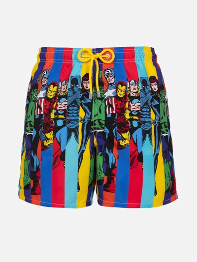 Mc2 Saint Barth Man Mid-length Gustavia Swim-shorts With Marvel Characters Placed Print Marvel Special Edition In White