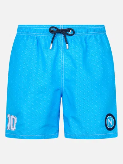 Mc2 Saint Barth Man Mid-length Gustavia Swim-shorts With Napoli Print Ssc Napoli Special Edition In Mid Blue