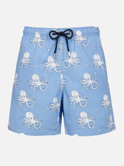 Mc2 Saint Barth Man Mid-length Gustavia Swim-shorts With Octopus Print In Sky