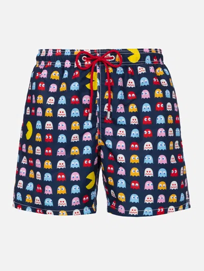 Mc2 Saint Barth Man Mid-length Gustavia Swim-shorts With Pac-man Print Pac Man Special Edition In Blue