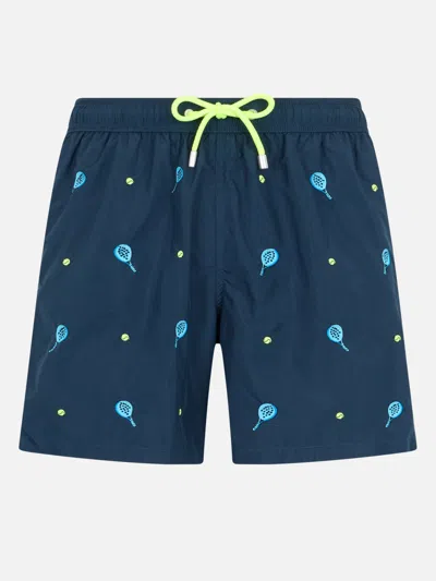 Mc2 Saint Barth Man Mid-length Gustavia Swim Shorts With Padel Embroidery In Blue
