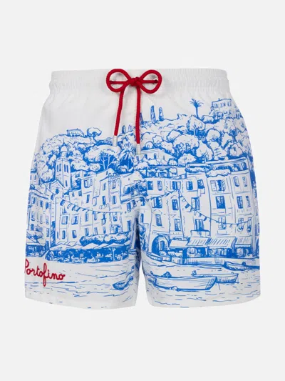 Mc2 Saint Barth Man Mid-length Gustavia Swim-shorts With Portofino Placed Print In White