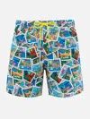 Mc2 Saint Barth Man Mid-length Gustavia Swim-shorts With Postcard Mix Print Alessandro Enriquez Special Edition In White