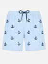 Mc2 Saint Barth Man Mid-length Seersucker Gustavia Swim Shorts With Anchors Embroidery In Sky