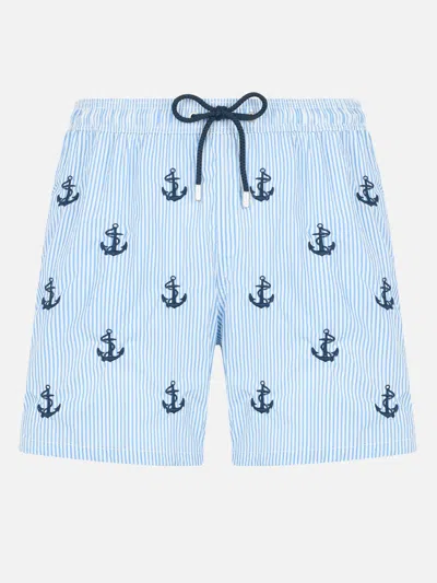 Mc2 Saint Barth Man Mid-length Seersucker Gustavia Swim Shorts With Anchors Embroidery In Sky