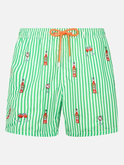 Mc2 Saint Barth Man Mid-length Striped Gustavia Swim-shorts With Aperol Spritz Embroidery Aperol Special Edition In White