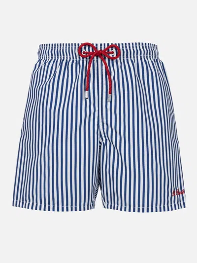 Mc2 Saint Barth Man Mid-length Striped Gustavia Swim-shorts With St. Barth Embroidery In Blue