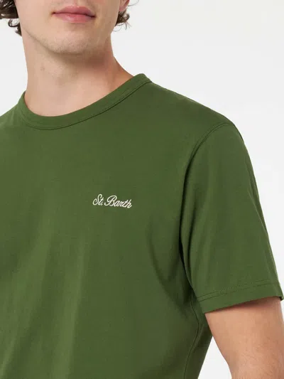 Mc2 Saint Barth Man Military Green Cotton Jersey T-shirt Dover With St. Barth Embroidery