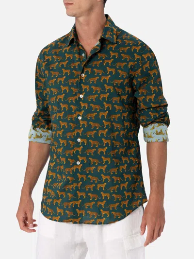 Mc2 Saint Barth Man Muslin Cotton Shirt Sikelia With Cheeta Print In Green