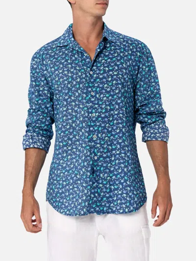Mc2 Saint Barth Man Muslin Cotton Shirt Sikelia With Crabs Print In Blue