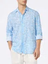 Mc2 Saint Barth Man Muslin Cotton Shirt Sikelia With Micro Flower Print In Sky
