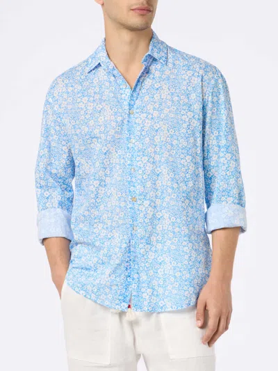 Mc2 Saint Barth Man Muslin Cotton Shirt Sikelia With Micro Flower Print In Sky