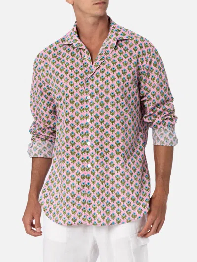 Mc2 Saint Barth Man Muslin Cotton Shirt Sikelia With Radical Flower Print In Pink