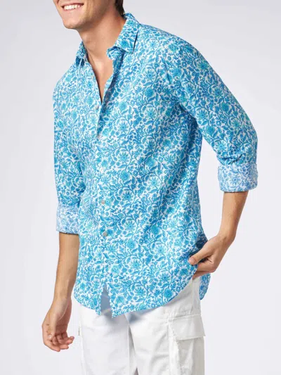 Mc2 Saint Barth Man Muslin Cotton Sikelia Shirt Flower Print In White