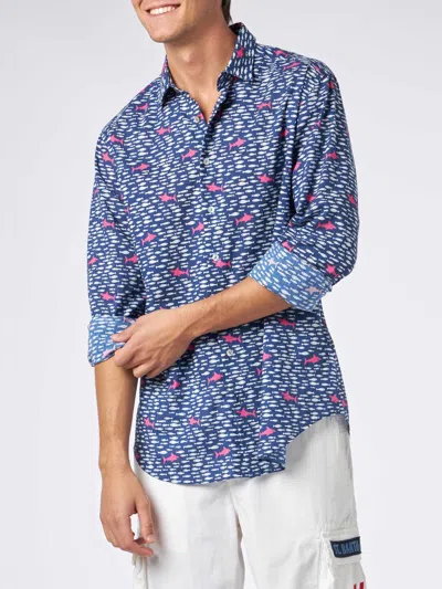 Mc2 Saint Barth Man Muslin Cotton Sikelia Shirt With Fish And Shark Print In Blue