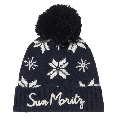 Mc2 Saint Barth Man Navy Blue Beanie With Norwegian Pattern