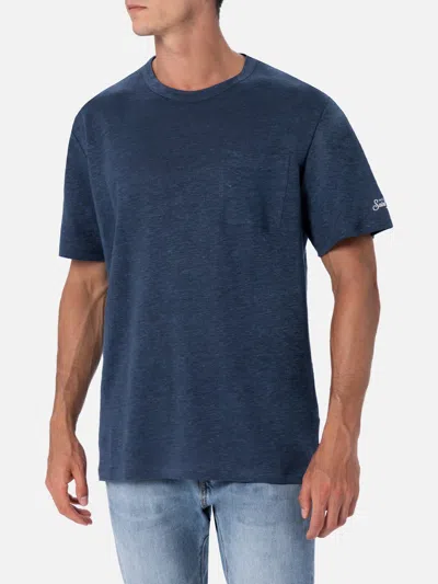 Mc2 Saint Barth Man Navy Blue Linen Jersey T-shirt Ecstasea With Pocket