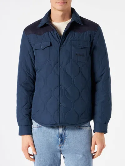 Mc2 Saint Barth Man Navy Blue Padded Overshirt With Patch Pockets