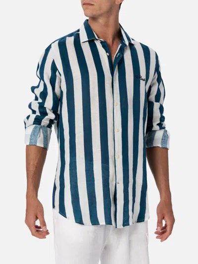Mc2 Saint Barth Man Navy Blue Striped Linen Shirt Pamplona