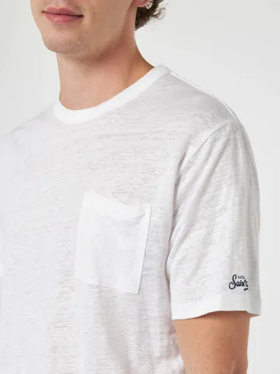 Mc2 Saint Barth Man Off-white Linen Jersey T-shirt Ecstasea With Pocket