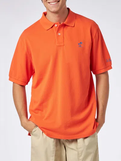 Mc2 Saint Barth Man Orange Piquet Polo With St. Barth Logo And Vintage Effect