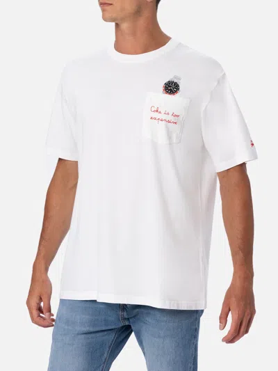 Mc2 Saint Barth Man Organic Cotton T-shirt Austin With Watch Print And Embroidery In White