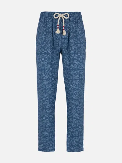 Mc2 Saint Barth Man Printed Linen Calais Pants With Drawstring In Blue