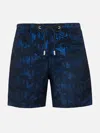 Mc2 Saint Barth Man Ripstop Fabric Swim Shorts Harbour The Riviera With Palm Jacquard Print In Blue
