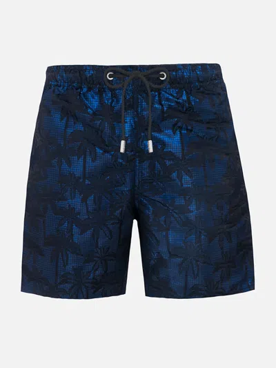 Mc2 Saint Barth Man Ripstop Fabric Swim Shorts Harbour The Riviera With Palm Jacquard Print In Blue