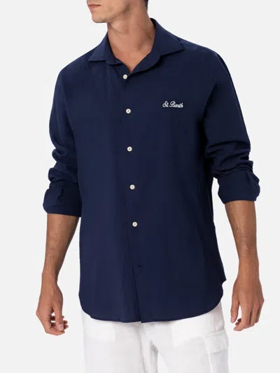 Mc2 Saint Barth Man Seersucker Blue Cotton Shirt Pamplona