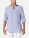 Mc2 Saint Barth Man Seersucker Cotton Shirt Pamplona With Bluette Stripes In Sky
