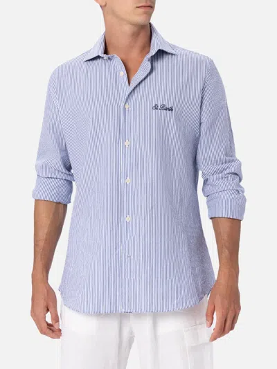 Mc2 Saint Barth Man Seersucker Cotton Shirt Pamplona With Bluette Stripes In Sky
