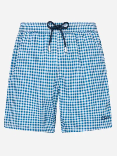 Mc2 Saint Barth Man Seersucker Gingham Swim Shorts Patmos In Blue
