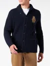 Mc2 Saint Barth Man Shawl Collar Blue Ribbed Cardigan With Pockets And Patch In Blue