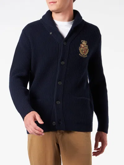 Mc2 Saint Barth Man Shawl Collar Blue Ribbed Cardigan With Pockets And Patch