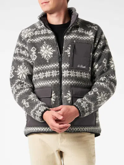 Mc2 Saint Barth Man Sherpa Jacket With Fair-isle Print In Grey