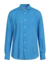 Mc2 Saint Barth Man Shirt Azure Size Xxl Linen In Blue
