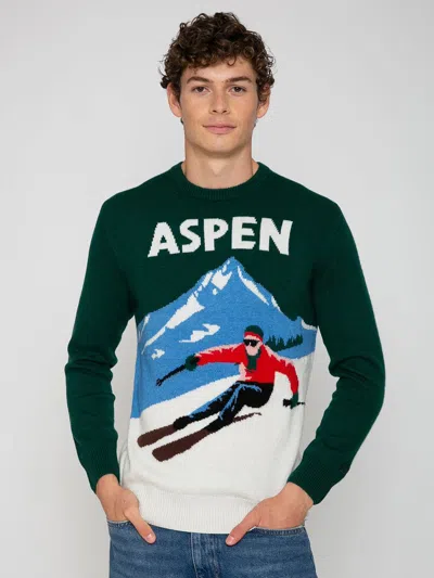 Mc2 Saint Barth Man Sweater Aspen Vintage Postcard Print In Green